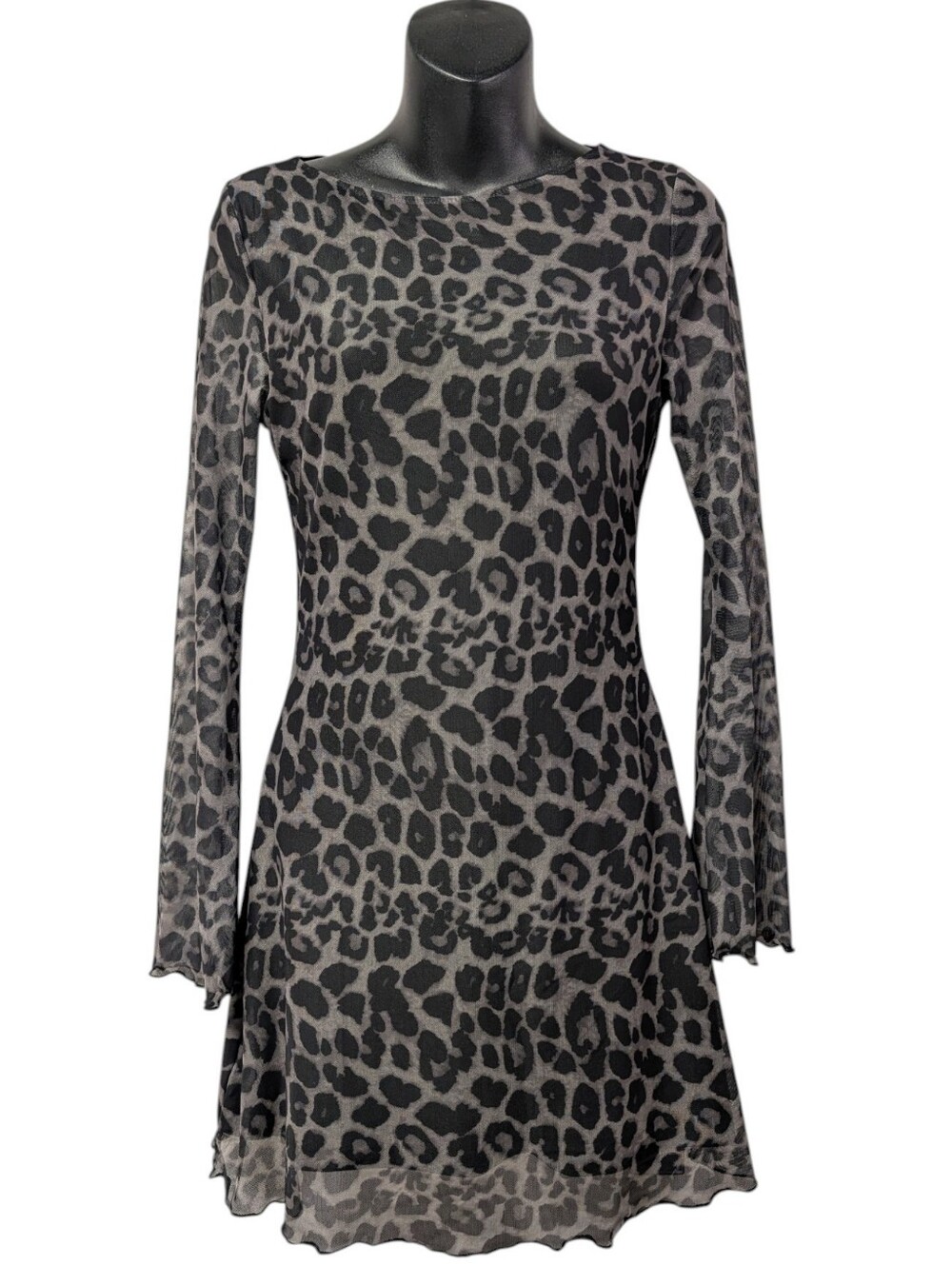 Milumia Women's XS Gray Black Leopard Mesh Mini Dress Long Sleeve Ruffle Sheer